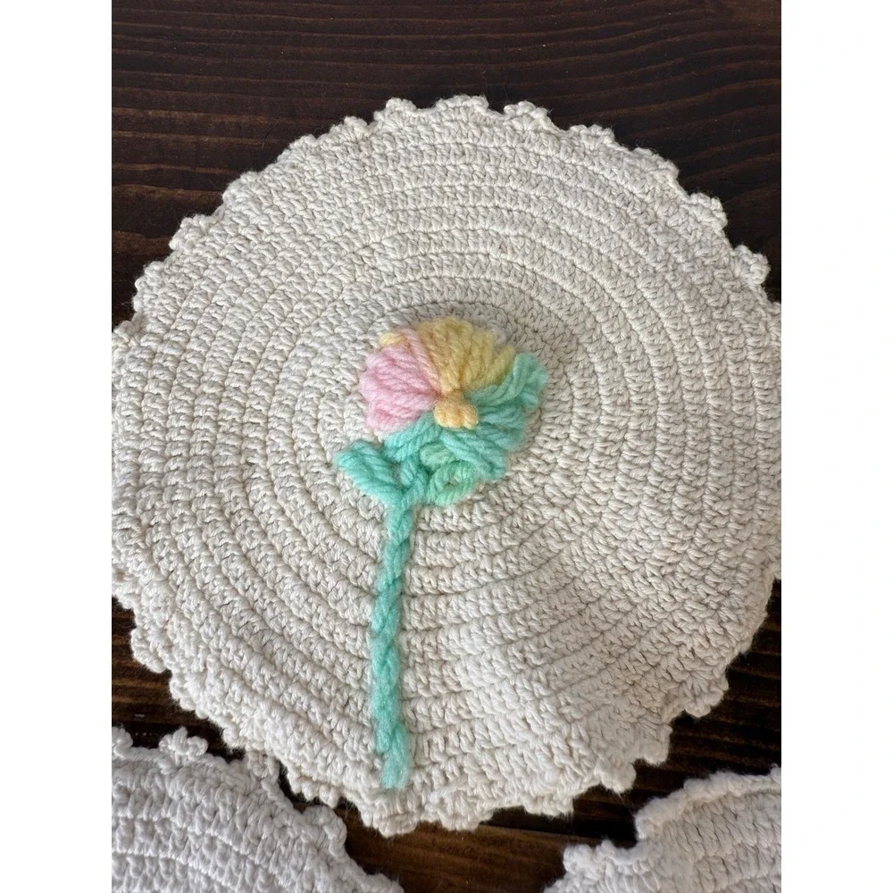 Set of‎ 3 Vintage Crochet Flower Applique Coasters Cottagecore Farmhouse Decor